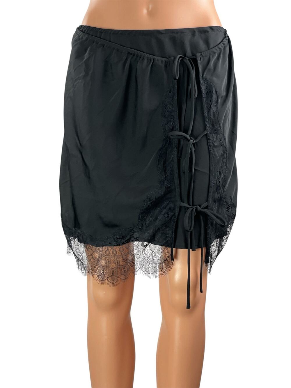 Free People Intimately All Tied Up Black Lace Satin Half Slip Mini Skirt Size M